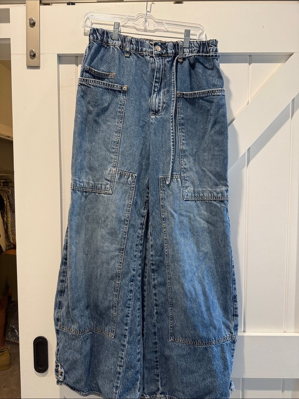 Free People Blue Denim Wide-Leg Paperbag Utility Jeans